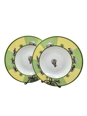 Hermes Africa Soup Plate 2 PCs 9” Green Porcelain Tableware Animal Authentic